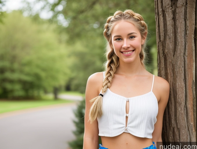 ai nude image of arafed woman standing next to a tree in a park pics of Woman One 18 Blonde White Skin Detail (beta) Happy Bows Crop Top Micro Skirt Braided