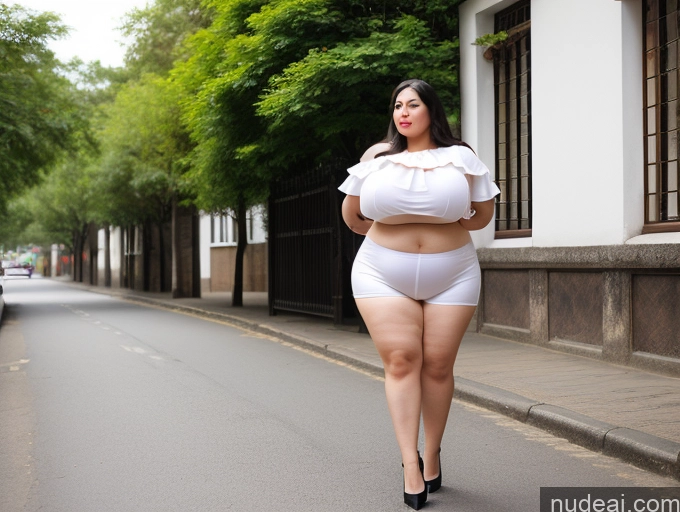 ai nude image of there is a woman in a white top and white shorts walking down the street pics of Woman One Busty Huge Boobs Big Ass Fat Big Hips Short Fairer Skin 30s Black Hair Straight Thai Full Frontal Sexy Face Street Traditional High Heels