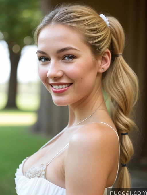 ai nude image of blond woman with a white dress and a flower in her hair pics of Woman One Perfect Body 18 Happy White Skin Detail (beta) Blonde Lipstick Fairer Skin Cleavage Bows Sundress Front View Pigtails