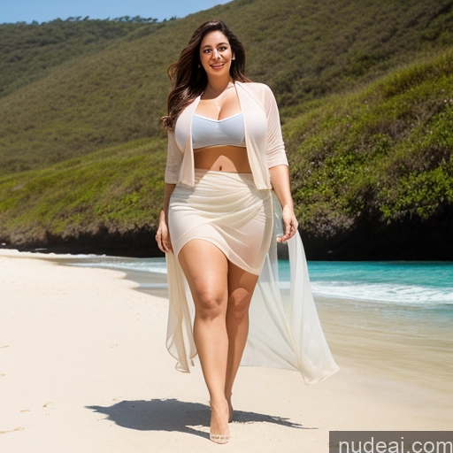 ai nude image of araffe woman walking on a beach with a white dress pics of Woman One Busty Huge Boobs Big Ass Thick Big Hips Fairer Skin 40s Sexy Face Brunette Long Hair White Full Frontal Sheer Skirt (Beach Fashion) Chubby Beach