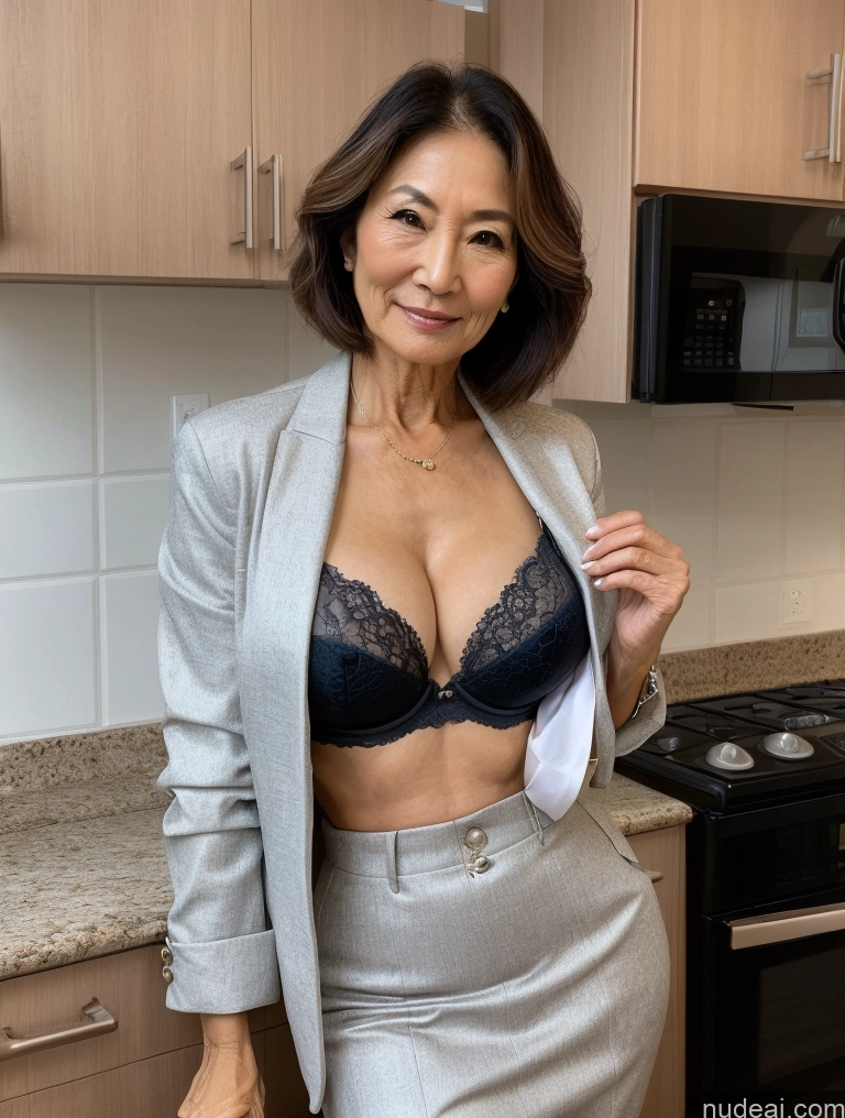 ai nude image of there is a woman in a skirt and jacket posing in a kitchen pics of Milf Two Perfect Boobs Beautiful Perfect Body 70s Bobcut Japanese Kitchen Bra Jacket Professor Stylish Suit Cleavage Detailed Sexy Face