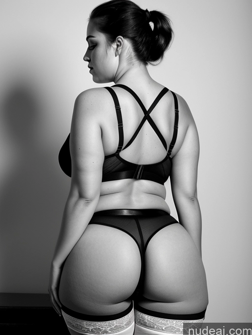 ai nude image of araffe woman in lingerie posing for a picture in black and white pics of Woman One Chubby Big Ass 18 Sexy Face Brunette Ponytail White Back View Bending Over Black And White Stockings