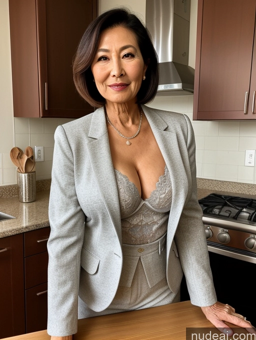 ai nude image of woman in a gray suit standing in a kitchen with a counter top pics of Milf Two Perfect Boobs Beautiful Perfect Body 70s Bobcut Japanese Kitchen Bra Jacket Professor Stylish Suit Cleavage Detailed Sexy Face