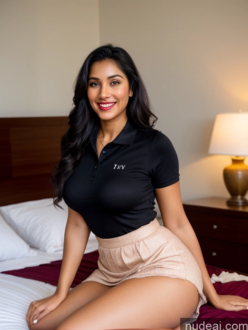 ai nude image of arafed woman sitting on a bed in a black shirt and tan skirt pics of Woman One Perfect Boobs Beautiful Lipstick Big Ass Abs Chubby Long Legs Perfect Body 30s Happy Seductive Black Hair Ponytail Indian Bedroom Spreading Legs Long Skirt Polo Shirt Sexy Face