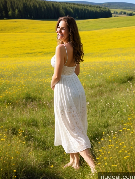 ai nude image of araffe woman in a white dress standing in a field of yellow flowers pics of Milf Small Tits Big Hips Tall Fairer Skin 30s Laughing Brunette Long Hair Czech 3d Meadow Back View On Back Sundress Bright Lighting