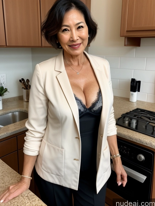 ai nude image of woman in black dress and white blazer standing in kitchen with counter top pics of Milf Two Perfect Boobs Beautiful Perfect Body 70s Bobcut Japanese Kitchen Bra Jacket Professor Stylish Suit Cleavage Detailed Sexy Face