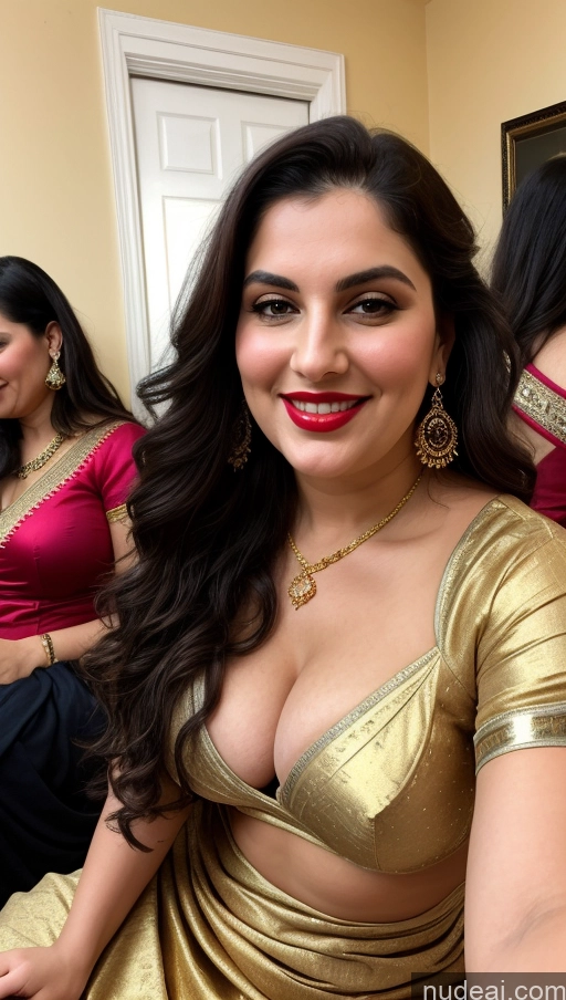 ai nude image of there is a woman in a gold dress posing for a picture pics of Milf Busty Beautiful Lipstick Thick Chubby Fat Big Hips Fairer Skin 20s Happy Seductive Brunette Long Hair Russian Party Front View Straddling Sari Blouse Dirndl Victorian Cleavage Gold Jewelry