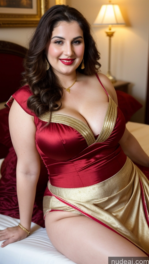 ai nude image of araffe woman in a red and gold dress sitting on a bed pics of Milf Busty Beautiful Lipstick Thick Chubby Fat Big Hips Fairer Skin 20s Happy Seductive Brunette Long Hair Russian Party Front View Straddling Sari Blouse Dirndl Victorian Cleavage Gold Jewelry