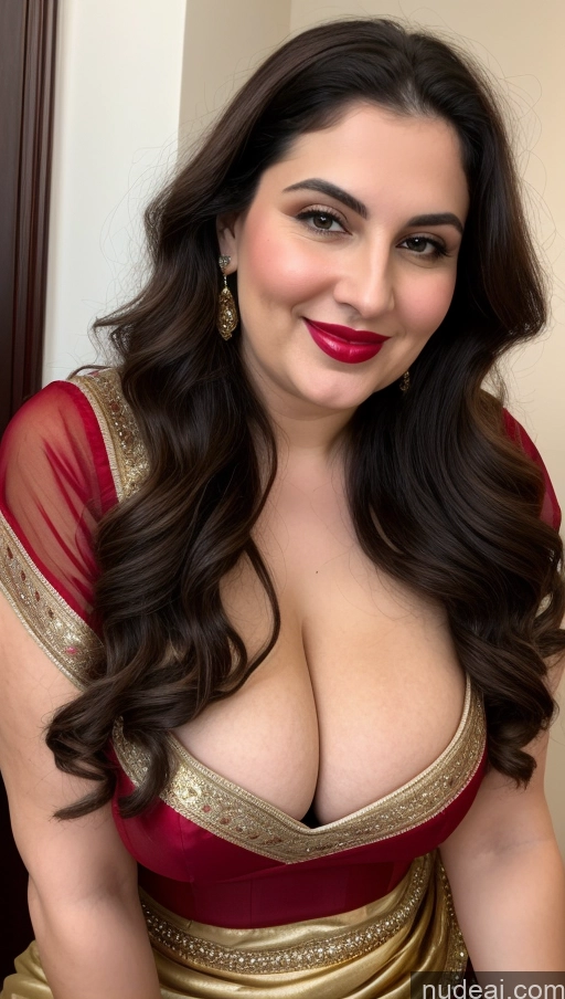 ai nude image of araffe woman in a red and gold dress posing for a picture pics of Milf Busty Beautiful Lipstick Thick Chubby Fat Big Hips Fairer Skin 20s Happy Seductive Brunette Long Hair Russian Party Front View Straddling Sari Blouse Dirndl Victorian Cleavage Gold Jewelry