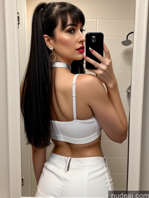 ai nude image of there is a woman taking a selfie in a mirror pics of 20s Sexy Face Black Hair Brazilian Mirror Selfie Bathroom Close-up View Choker Crop Top Mini Skirt Jewelry Bangs Fairer Skin Busty Beautiful Lipstick Big Ass Woman