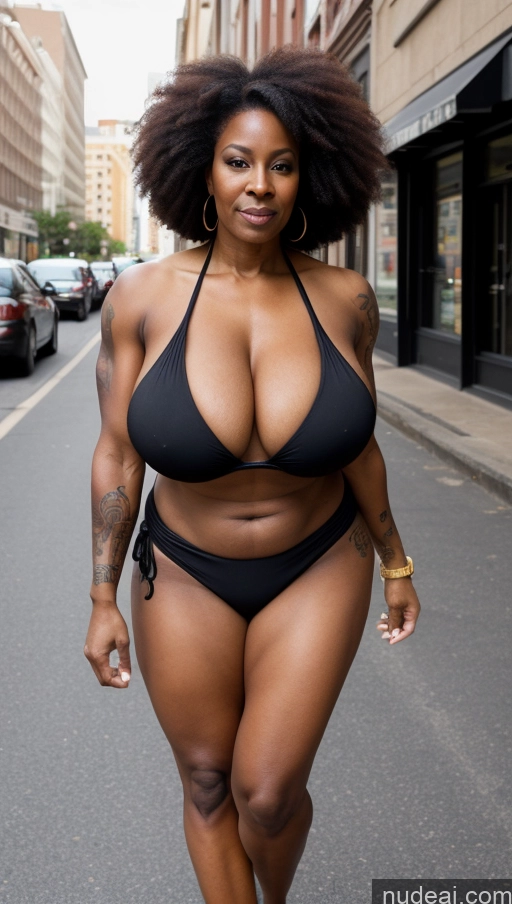 ai nude image of araffe woman in a black bikini walking down a street pics of Milf Huge Boobs Beautiful Tattoos Muscular Big Ass Thick Big Hips Tall Long Hair Dark Skin 60s Seductive Ginger Illustration Street Close-up View T-pose Cleavage Sexy Face Bikini Abs Long Skirt Black