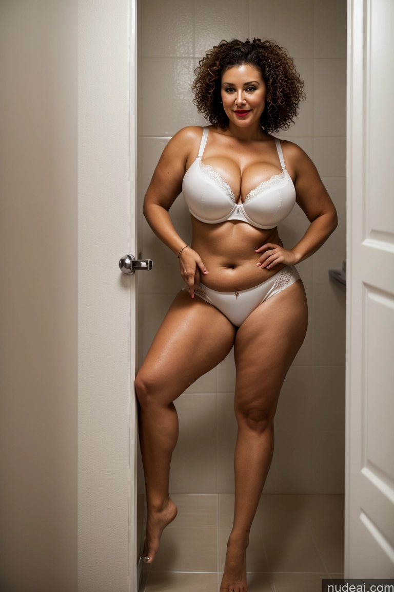 ai nude image of araffe woman in a white bra and panties standing in a bathroom pics of Milf Big Ass 50s Brunette Curly Hair Bathroom Panties Push-up Bra Laughing Chubby Big Hips Close-up View Dark Lighting Short Lipstick Abs Czech Huge Boobs Fairer Skin