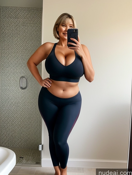 ai nude image of araffe woman in a black sports bra top taking a selfie pics of Milf Huge Boobs Big Ass Big Hips Chubby Lipstick Short 60s Seductive Laughing Blonde Bobcut Czech Bathroom Front View Yoga Pants Sports Bra Cleavage