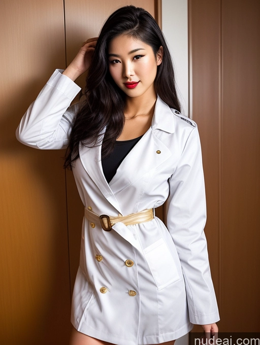 ai nude image of arafed woman in a white coat posing for a picture pics of Woman Small Tits 18 Seductive Black Hair Long Hair Diamond Jewelry Detailed Surrealist Perfect Body Lipstick Front View Gold Jewelry Japanese Dress Trench Coat Doctor One Laughing Hospital Nurse