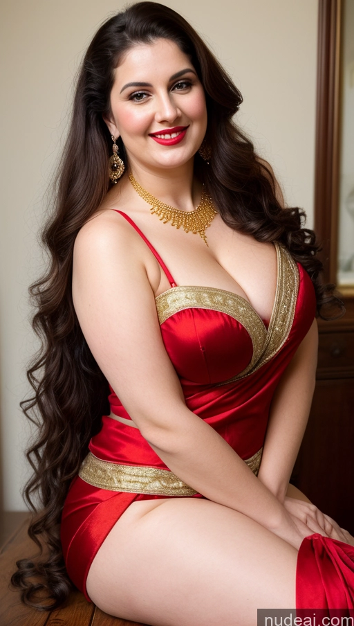 ai nude image of araffe woman in a red dress sitting on a table pics of Milf Busty Beautiful Lipstick Thick Chubby Fat Big Hips Fairer Skin 20s Happy Seductive Brunette Long Hair Russian Party Front View Straddling Sari Blouse Dirndl Victorian Cleavage Gold Jewelry