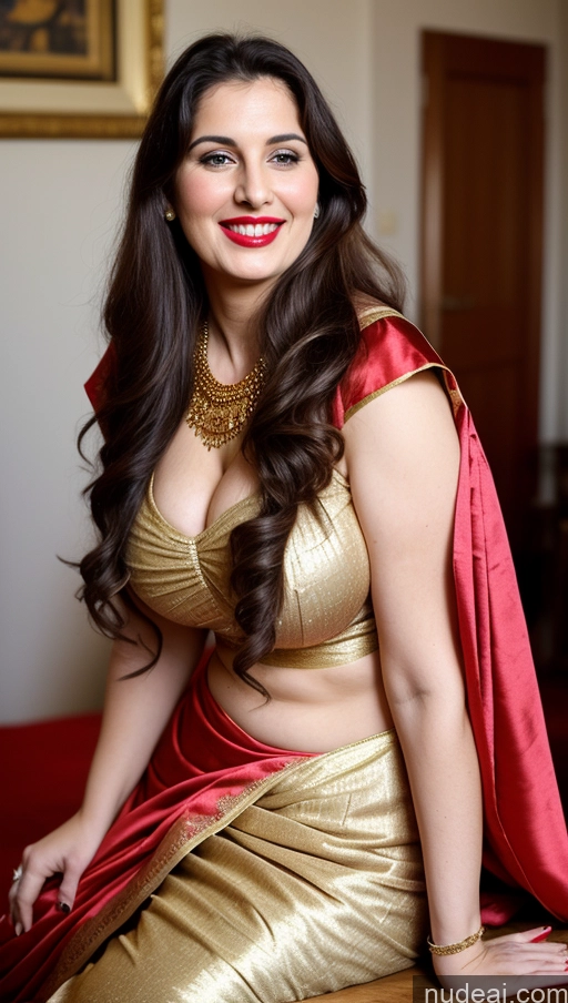 ai nude image of araffe woman in a gold dress posing for a picture pics of Milf Busty Beautiful Lipstick Thick Chubby Fat Big Hips Fairer Skin 20s Happy Seductive Brunette Long Hair Russian Party Front View Straddling Sari Blouse Dirndl Victorian Cleavage Gold Jewelry