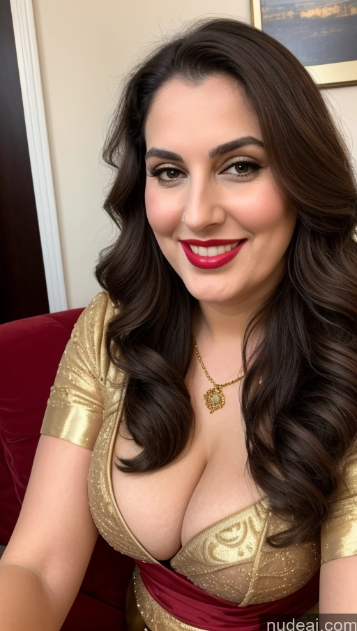 ai nude image of araffe woman in a gold dress sitting on a red couch pics of Milf Busty Beautiful Lipstick Thick Chubby Fat Big Hips Fairer Skin 20s Happy Seductive Brunette Long Hair Russian Party Front View Straddling Sari Blouse Dirndl Victorian Cleavage Gold Jewelry