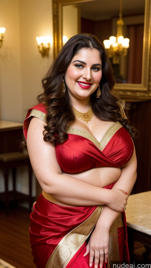 ai nude image of smiling woman in red sari posing for a picture in a room pics of Milf Busty Beautiful Lipstick Thick Chubby Fat Big Hips Fairer Skin 20s Happy Seductive Brunette Long Hair Russian Party Front View Straddling Sari Blouse Dirndl Victorian Cleavage Gold Jewelry