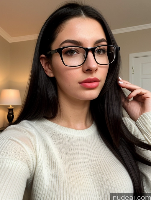 ai nude image of arafed woman wearing glasses and a white sweater posing for a picture pics of Woman Perfect Boobs Beautiful Glasses Perfect Body Fairer Skin 18 Pouting Lips Black Hair Long Hair White 3d Bedroom Front View Sweater Yoga Pants