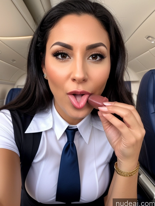 ai nude image of arafed woman in uniform eating a piece of food on an airplane pics of Woman One Perfect Boobs Beautiful Lipstick Short Pubic Hair Tanned Skin Perfect Body 30s Seductive Black Hair Long Hair Latina Front View Blowjob Flight Attendant Jewelry