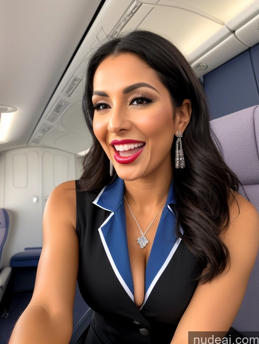 ai nude image of arafed woman in a black dress and blue shirt sitting on a plane pics of Woman One Perfect Boobs Beautiful Lipstick Short Pubic Hair Tanned Skin Perfect Body 30s Laughing Black Hair Long Hair Latina Front View Blowjob Flight Attendant Diamond Jewelry