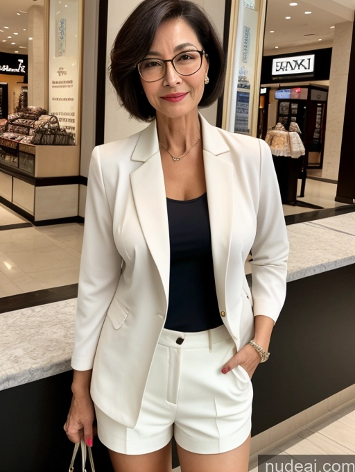 ai nude image of woman in white blazer and shorts posing for a picture pics of Milf Two Perfect Boobs Beautiful Glasses Perfect Body Short Hair 70s Chinese Mall Blouse Bra Casual Jacket Professor Secretary Stylish Suit Cleavage Detailed Sexy Face