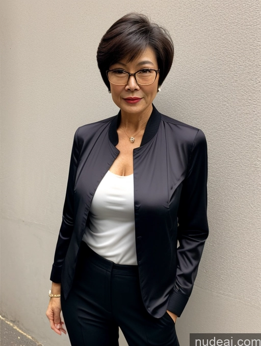 ai nude image of woman in black jacket and white shirt standing against a wall pics of Milf Two Perfect Boobs Beautiful Glasses Perfect Body Short Hair Chinese Blouse Bra Casual Jacket Professor Secretary Stylish Suit Cleavage Detailed Sexy Face Dark Lighting 60s Street