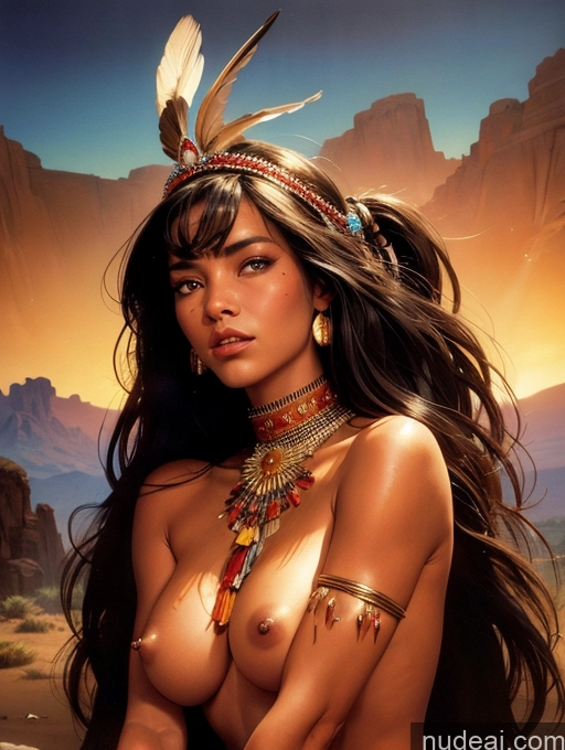 ai nude image of arafed woman with a feather headdress and a necklace pics of Tanned Skin Native American Long Hair Tanned Skin Bangs Slicked Mongolian Native American Nilotic Mountains Oasis Traditional GZCfinal Topless Woman Breasts Discogirl Art By Boris Vallejo Boris Vallejo Art Style Fantasy Style Jeff Easley Hell Small Tits Skinny Massage