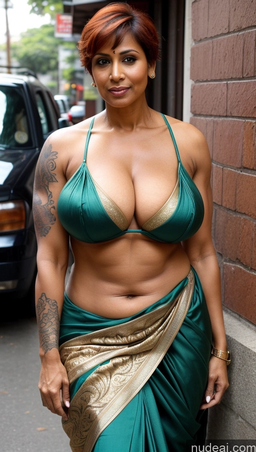 ai nude image of araffe woman in a green dress posing for a picture pics of Milf Busty Huge Boobs Beautiful Muscular Big Ass Thick Tall Dark Skin 50s Seductive Ginger Pixie Indian Close-up View Sexy Face Big Hips Sari Street T-pose Tattoos