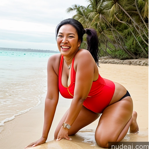 ai nude image of woman in red bathing suit kneeling on beach with palm trees in background pics of Milf Big Ass Big Hips Laughing Front View Chinese Black Hair Ponytail 30s Beach Dark Skin Chubby Perfect Boobs One Piece Swimsuit