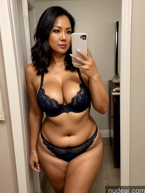 ai nude image of araffe woman taking a selfie in a bathroom mirror pics of Milf Perfect Boobs Big Ass Big Hips Chubby Short 40s Seductive Straight Vietnamese Mirror Selfie Bathroom Dark Skin Thick Front View Cleavage Push-up Bra