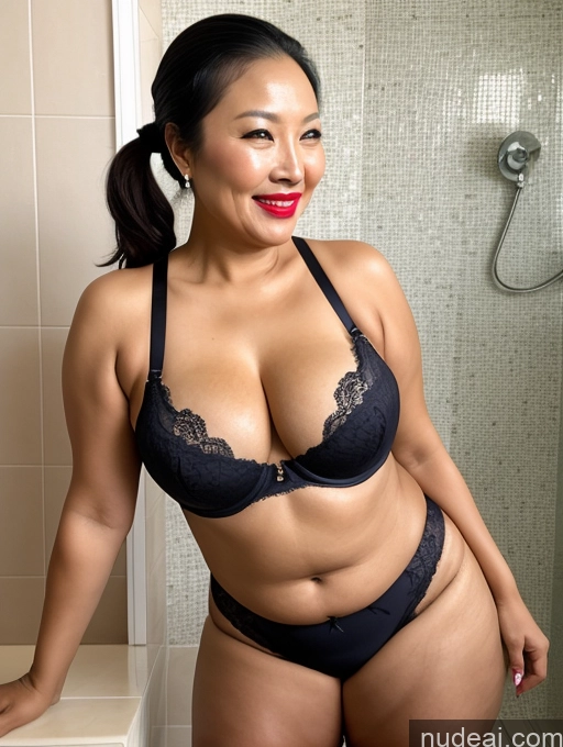 ai nude image of arafed asian woman in a black bra and panties posing in a bathroom pics of Milf Big Ass Big Hips Chubby Short 40s Bathroom Dark Skin Thick Front View Cleavage Push-up Bra Ponytail Lipstick Laughing Chinese