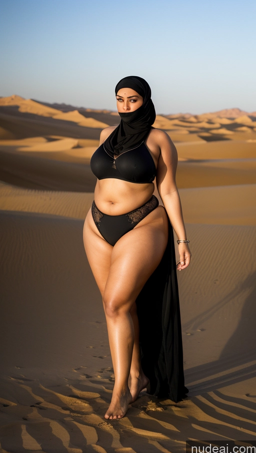 ai nude image of araffe woman in a black dress and a black scarf in the desert pics of Woman Big Ass Thick Chubby Fat Long Legs Big Hips Tall Busty Muscular 30s Long Hair Arabic Film Photo Oasis Full Frontal T-pose Detailed Bright Lighting Niqab