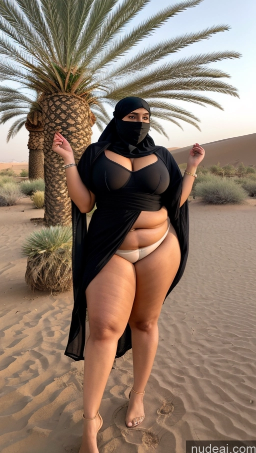 ai nude image of araffe woman in a black dress and a black mask standing in the sand pics of Woman Big Ass Thick Chubby Fat Long Legs Big Hips Tall Busty Muscular 30s Long Hair Arabic Film Photo Oasis Full Frontal T-pose Detailed Bright Lighting Niqab