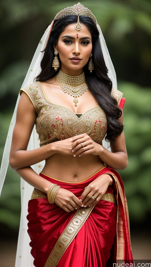 ai nude image of a woman in a red sari and gold jewelry poses for a picture pics of Several Black Hair Long Hair Miss Universe Model Film Photo Close-up View T-pose Indian Traditional Wedding Sari