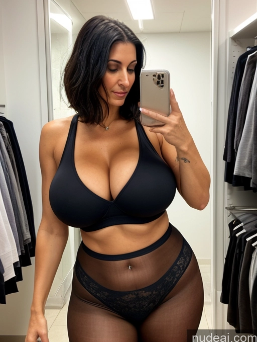 ai nude image of araffe woman in a black bra top taking a selfie in a mirror pics of Cleavage Huge Boobs Tall Tanned Skin Bobcut Front View 30s Tank Top Jewish Black Hair Pantyhose Milf Changing Room Sexy Face Tattoos