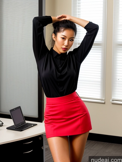 ai nude image of there is a woman in a skirt posing in an office pics of One Small Tits Big Ass 18 Black Hair Hair Bun Japanese Front View Bright Lighting Office Sexy Face Blouse Mini Skirt Skinny Model