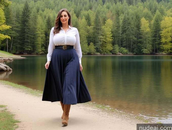 ai nude image of there is a woman walking down a path by a lake pics of Woman One Busty Huge Boobs Thick Big Ass Big Hips Fairer Skin 40s Sexy Face Brunette Long Hair Native American Lake Full Frontal Long Skirt Boots Blouse