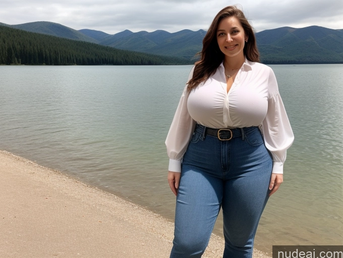 ai nude image of araffe woman standing on the beach near a lake with mountains in the background pics of Woman One Busty Huge Boobs Thick Big Ass Big Hips Fairer Skin 40s Brunette Long Hair Lake Full Frontal Blouse Jeans White