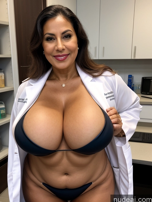 ai nude image of arafed woman in a lab coat posing for a picture pics of Milf One Busty Huge Boobs Thick Tanned Skin 60s Front View Microkini Thong Lab Coat Professor Vampire Brazilian