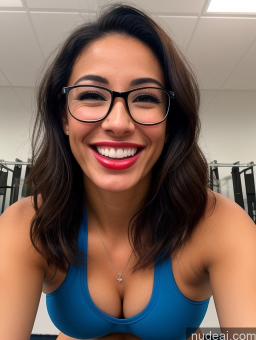 ai nude image of smiling woman in blue bikini and glasses in a gym pics of Woman One Perfect Boobs Beautiful Glasses Lipstick Short Pubic Hair Perfect Body Tanned Skin 30s Happy Black Hair Long Hair Latina Gym Front View Blowjob Jewelry Sports Bra