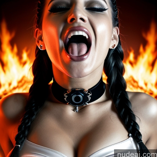 related ai porn images free for Cyborg Portuguese Braided White Hair Choker Underwear Hell Close-up View 30s Laughing Ahegao Sexy Face