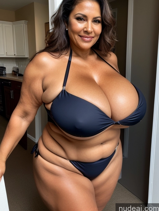 ai nude image of arafed woman in a bikini posing for a picture in a kitchen pics of Milf One Busty Huge Boobs Thick Tanned Skin Front View Microkini Thong 70s Brazilian Halloween Lumberjack