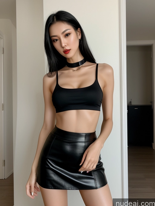 related ai porn images free for Woman Tall 20s Sexy Face Black Hair Straight Bright Lighting Detailed Small Tits Small Ass Skinny Long Legs Goth Choker Chinese Mini Skirt Crop Top