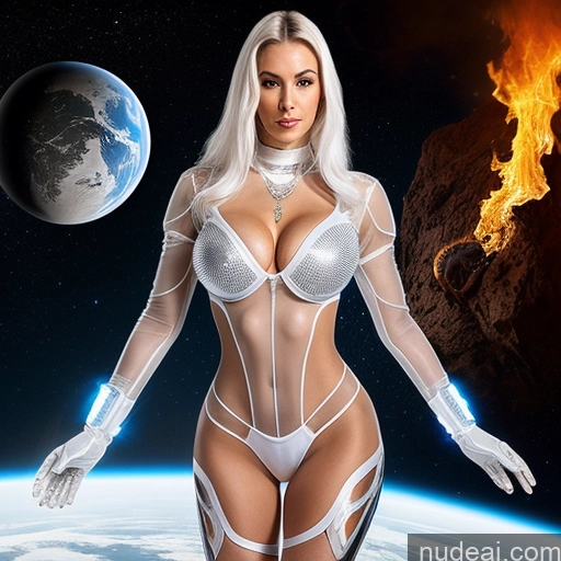 related ai porn images free for Cyborg Perfect Boobs Perfect Body 30s White Hair Portuguese Space Suit Spandex Hell Diamond Jewelry Transparent Front View Cleavage Partially Nude
