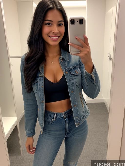 related ai porn images free for Woman One Small Tits Big Ass 18 Black Hair Long Hair Brazilian Front View Happy Mirror Selfie Dark Lighting Changing Room Jeans Jacket Tank Top