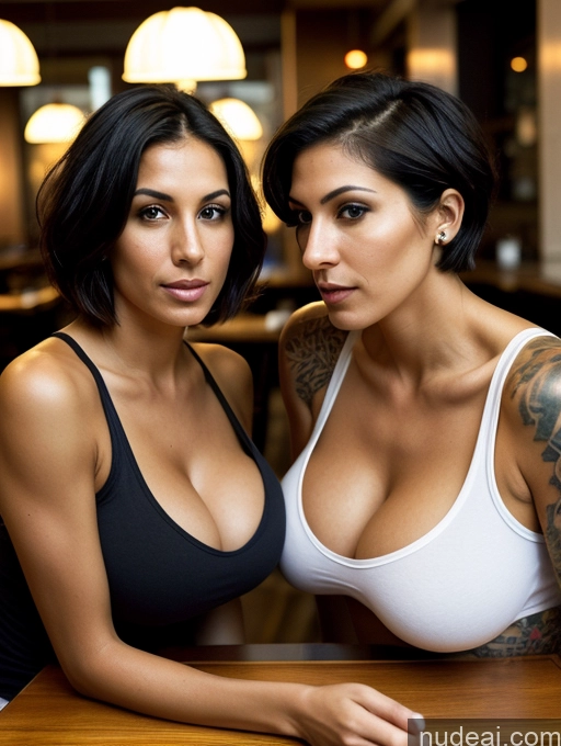 related ai porn images free for Two Woman Tank Top Huge Boobs Tall Tanned Skin Tattoos Jewish Cleavage Detailed 30s Front View Black Hair Short Hair Jeans Restaurant Eating Serious Seductive