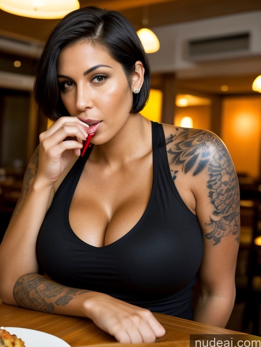 related ai porn images free for Two Woman Tank Top Huge Boobs Tall Tanned Skin Tattoos Jewish Cleavage Detailed 30s Front View Black Hair Short Hair Jeans Restaurant Eating Serious Seductive