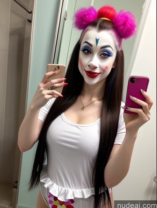 related ai porn images free for Woman Fairer Skin Brunette Long Hair Thai Mirror Selfie Bathroom Front View Cosplay Clown