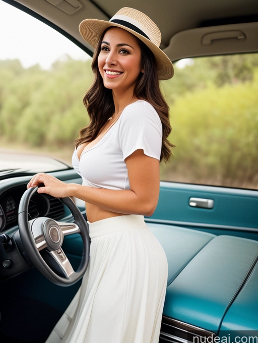 related ai porn images free for One Big Ass Happy White Woman Front View 20s Brunette Cleavage Casual Blouse Hat Long Skirt Working Out Car Simple Film Photo